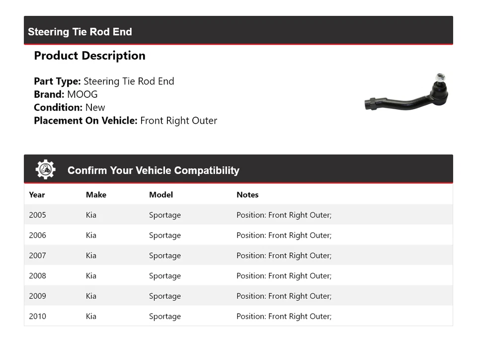 Barra de amarre de dirección delantera derecha exterior MOOG 2005 2006 para Kia Sportage 2005-2010 Foto 2 de 4