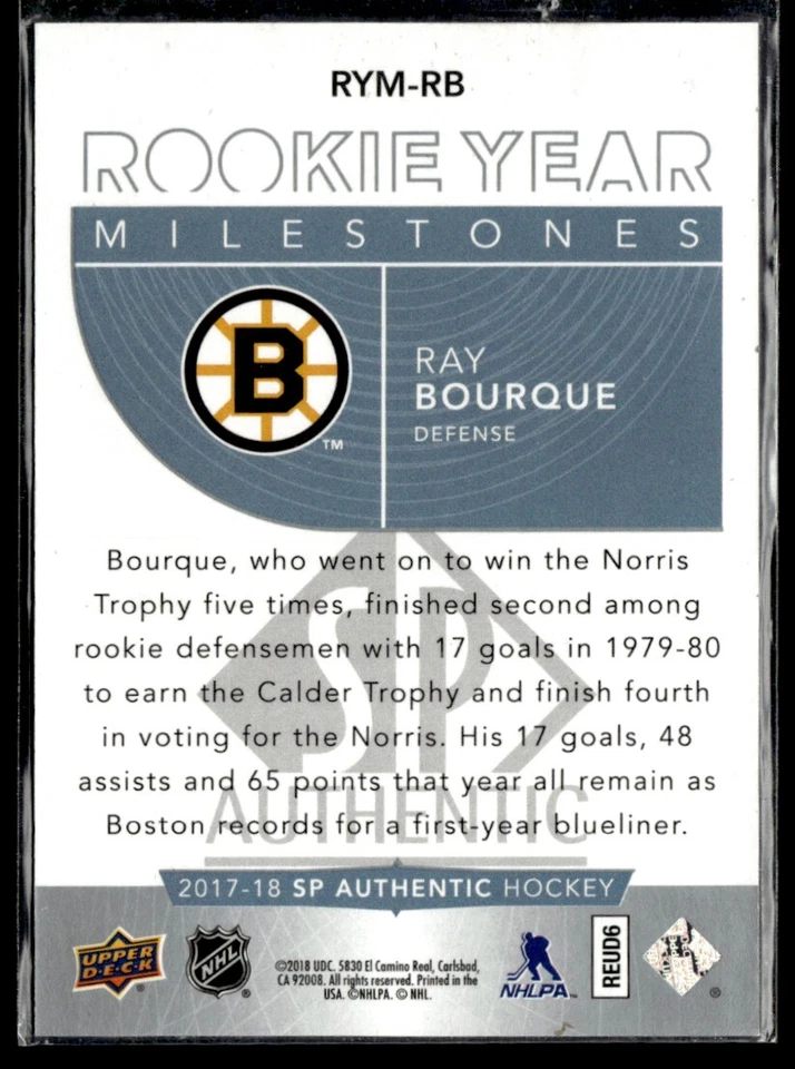 2017-18 SP Authentic Rookie Year Milestones Ray Bourque #RYM-RB H4R4I - Image 2 of 2