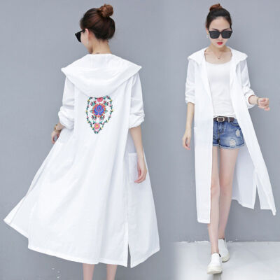 Lady Hooded Midi Jacket Open Front Thin Windbreaker Cardigan Coat Pockets Casual