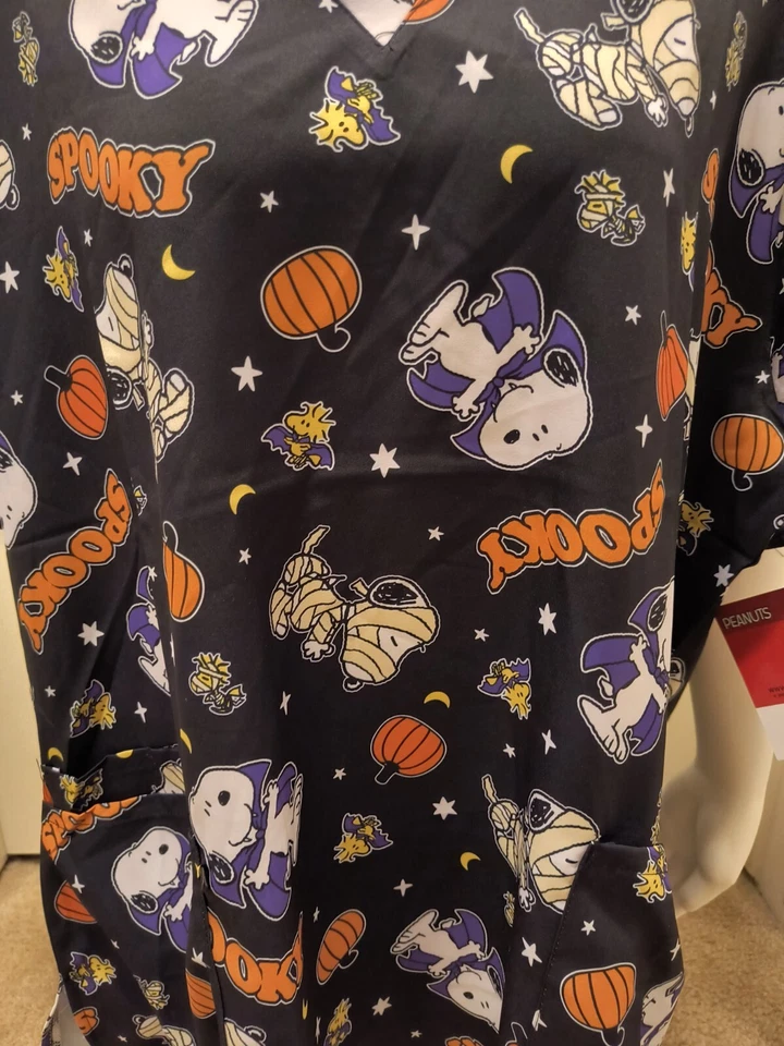 Scrub Club Peanuts Snoopy Halloween Black 🎃Pumpkin Scrub Top NEW! Free Ship! - Image 3 of 4