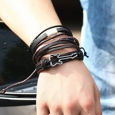 Fashion Men Women Handmade Genuine Leather Bracelet Braided Bangle Wristband Set