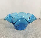BLENKO Vintage Crackle Glass Bowl #3744 Ruffled Fluted Crimped Turquoise Blue