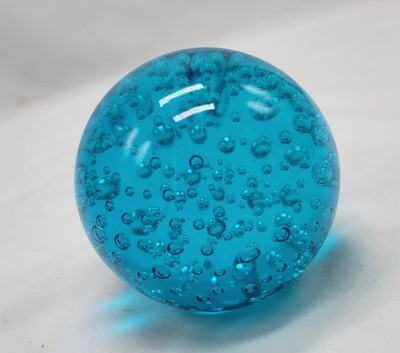Aqua Blue Paperweight Bullicante Bubble Art Glass Sphere 