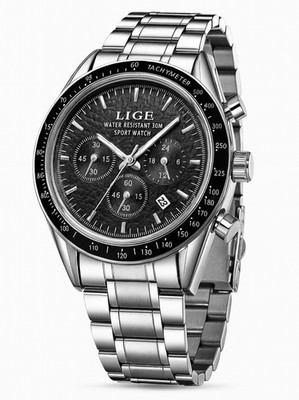 Herren Lige Quartz Uhr | Armbanduhr Schwarz Silber Edelstahl Größenverstellbar