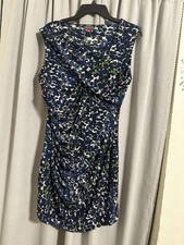 Vince Camuto Women’s Lg Dress, Ruched Sleeveless Midi, Abstract Print Bl/Grn/Wht