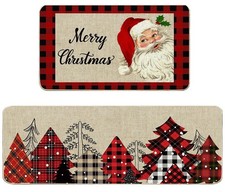 Merry Christmas Kitchen Mats Set of 2,Buffalo Plaid Santa Claus Christmas Tre...