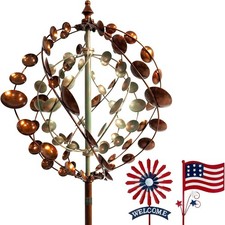 Floral Outdoor Metal 75" Wind Spinner Kinetic Garden Sculpture 360° Swivel &Flag