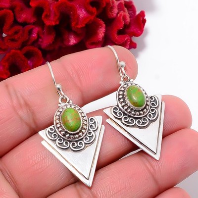 Copper Green Turquoise Designer Handmade 925 Sterling Silver Earring 1.76'' E0212