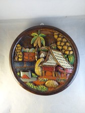 Vintage Wall Plaque African Wood 3D Carved Hand Painting Rounded Solid Old Cute