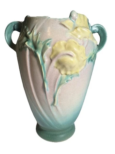 Roseville Poppy 875-10 Vase Green Pink Art Pottery Double Handle USA