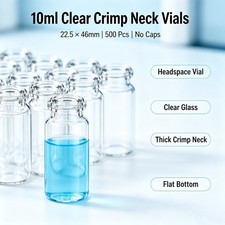 500 pcs 10ml Sample Vials Clear Glass Bottle 20mm Crimp Top Headspace HPLC Flat