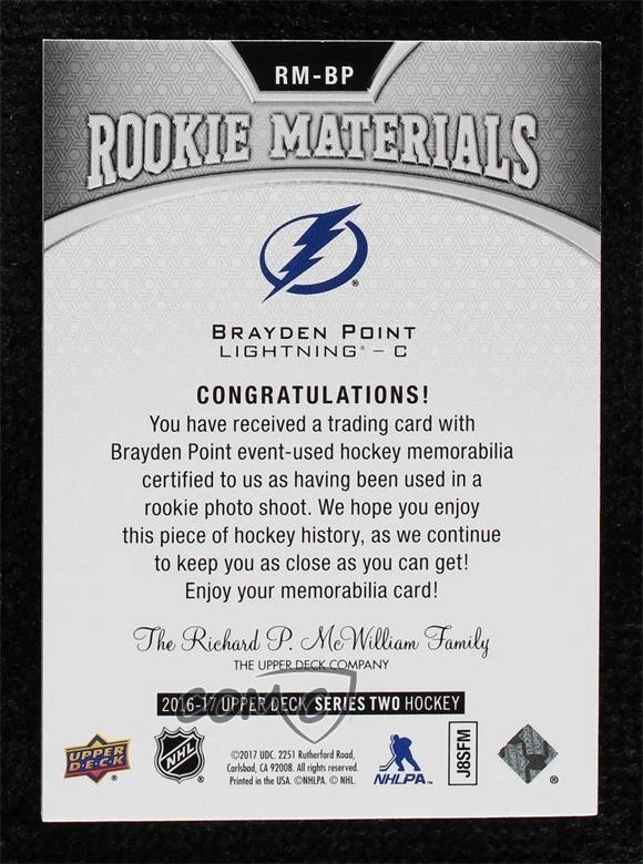 2016-17 Upper Deck Rookie Materials Patch /25 Brayden Point #RM-BP Patch RC - Image 2 of 2
