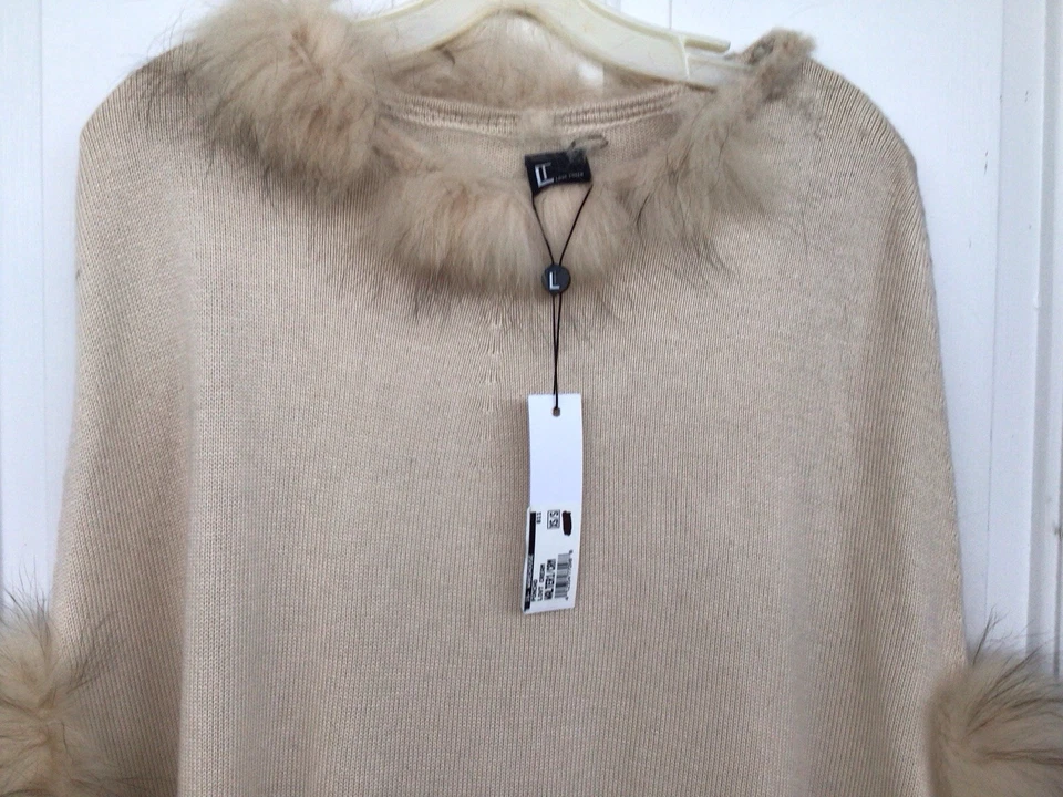 LT LOVE TOKEN BRONZEADO GENUÍNO PELE DE GUAXINIM APARADO CAPA PONCHO Tamanho XS/S NOVO COM ETIQUETAS - Imagem 2 de 4