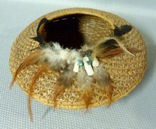 Vintage Pine Needle Basket Turquoise MOP Feather