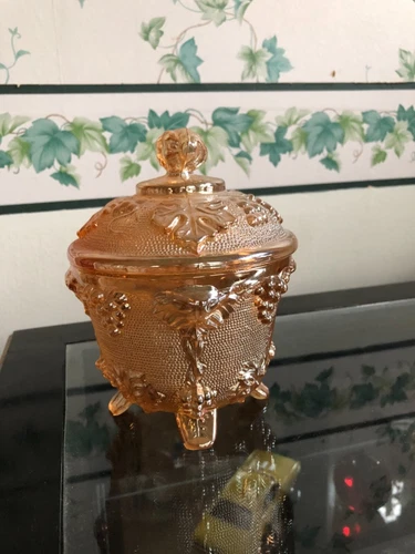 Jeannette Glass Candy Dish Grape Leaf Footed Bowl.