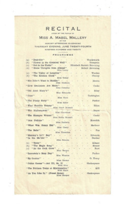 BINGHAMTON NY 1920 RECITAL PROGRAM Monday Afternoon Club A. Mabel Mallery pupils