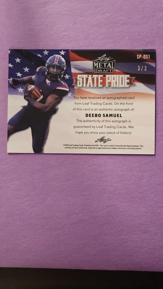 👀🔥2019 DEEBO SAMUEL 3/3 LEAF METAL DRAFT STATE PRIDE ORANGE SSP AUTO GEM - Image 3 of 4