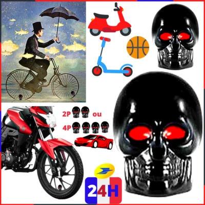 Lot 2P Bouchon Valve Pneu CRANE-Tête de Mort NOIR, Caps KRULL-Moto Bicycle Trott - Photo 1/4