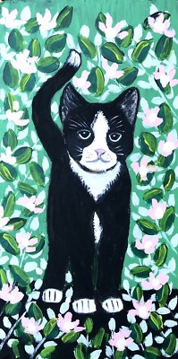 Original Gemälde schwarz-weiße Katze, Volkskunst/naive Kunst im Gänseblümchen, Garten, Smoking