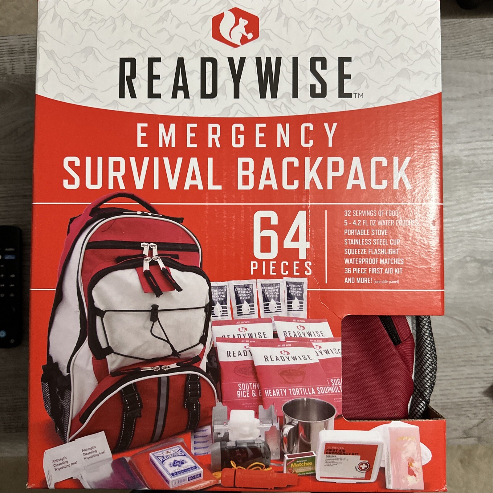 ReadyWise 64 Piece Red/White Emergency Survival Backpack New