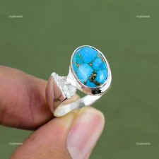 925 Sterling Silver Natural Copper Blue Turquoise Birthday Promise Ring Jewelry