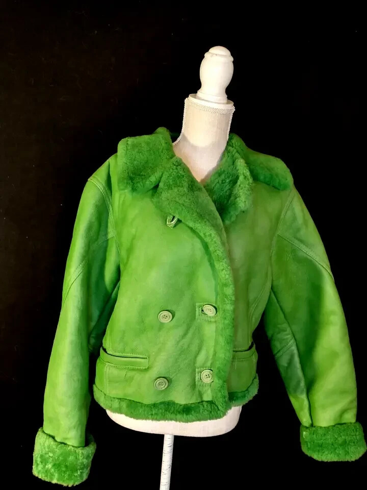 Vtg 90s Walter Davoucci NY Women's Green Shearling Bomber Jacket