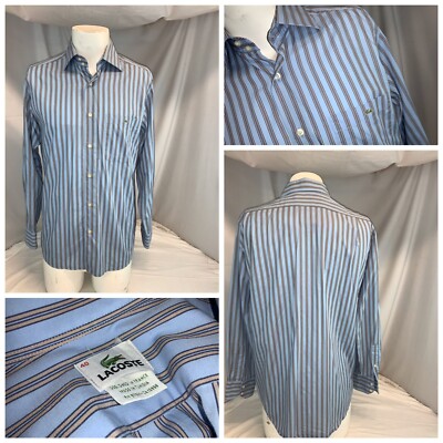 Lacoste Alligator Button Shirt L Men Blue Stripe Cotton Made Tunisia YGI D0-621