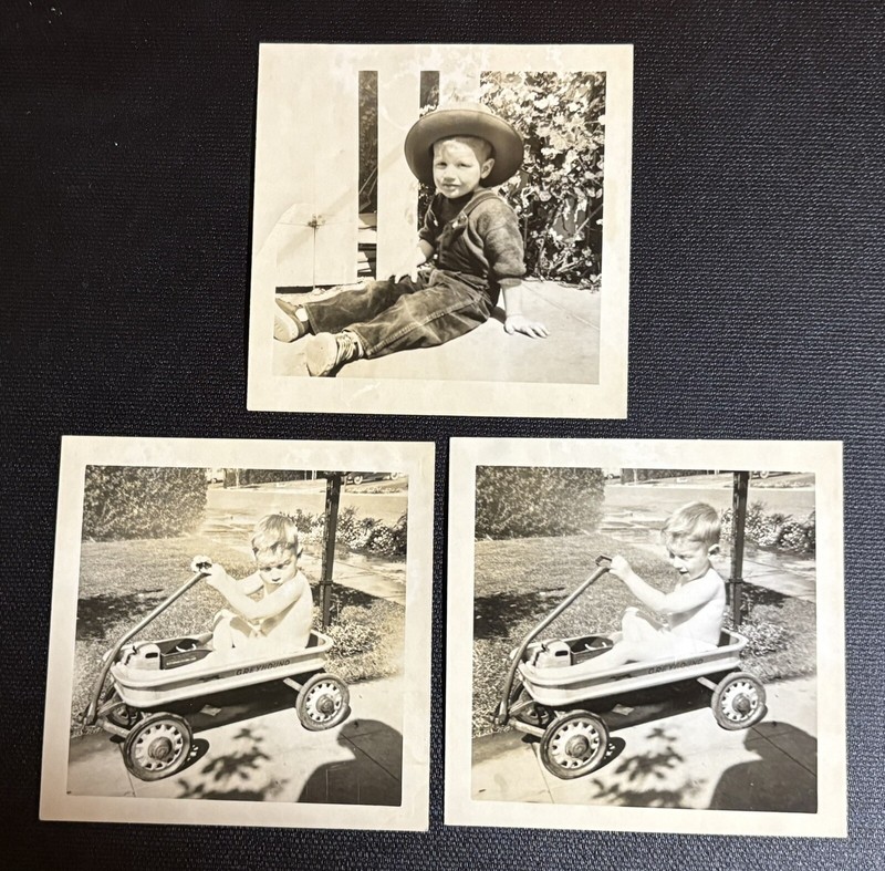 3 Vintage Vernacular Photos Little Boy Big Hat Overalls Wagon Suburbs 1950s