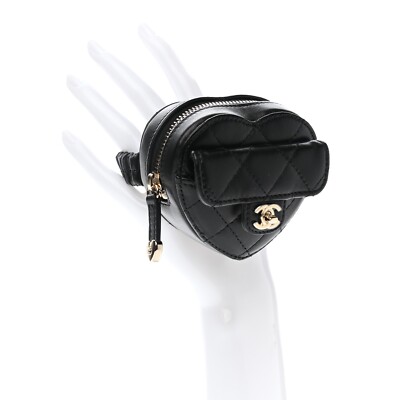 Chanel Black Quilted Lambskin Heart Zipped Coin Wrist Purse
