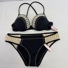 Victoria Secret Bikini Set Womens 34C L Black Crochet Push Up Boho Beach