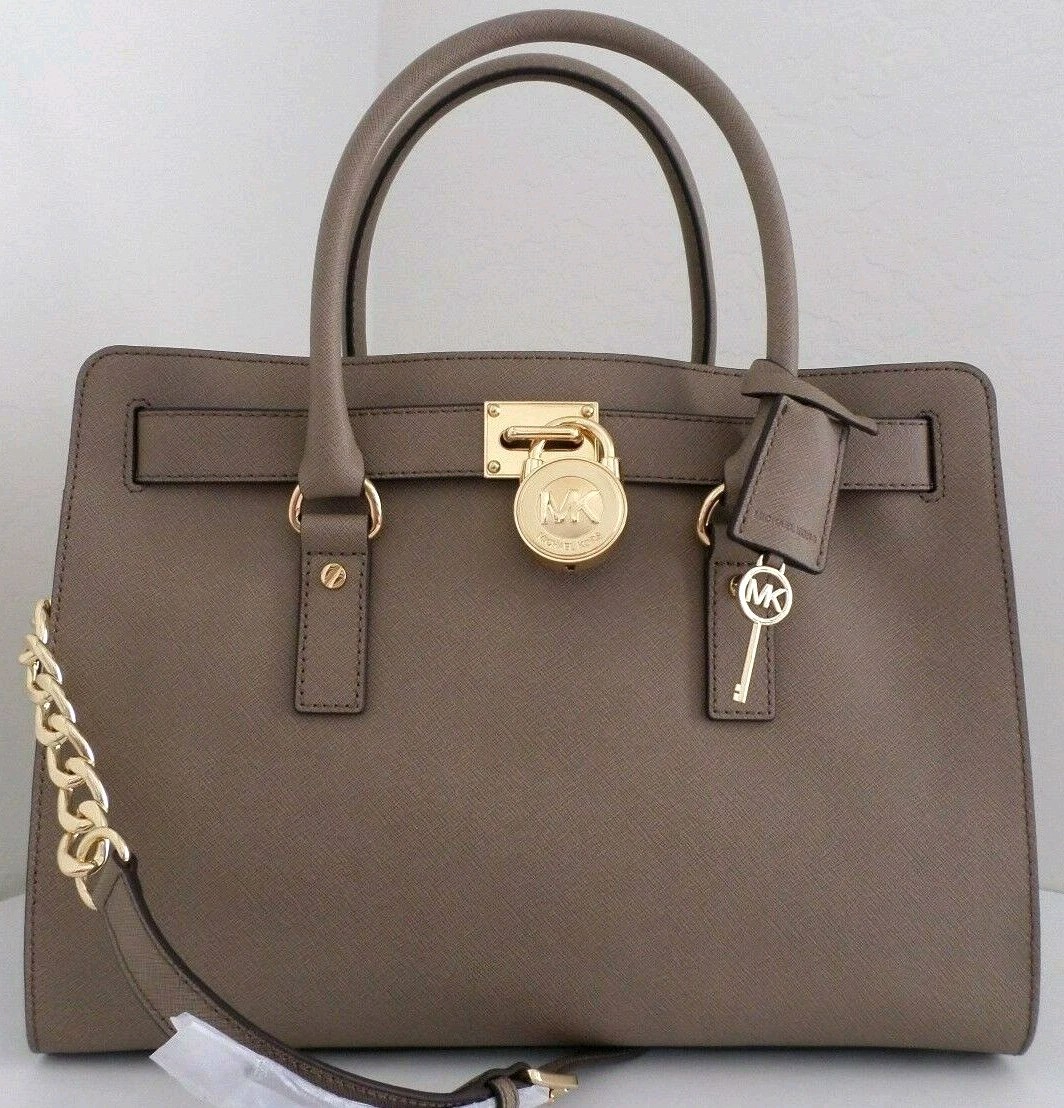 🌞MICHAEL KORS HAMILTON TAUPE DUNE LEATHER LOCK & KEY LARGE SATCHEL BAG🌺NWT! image 2