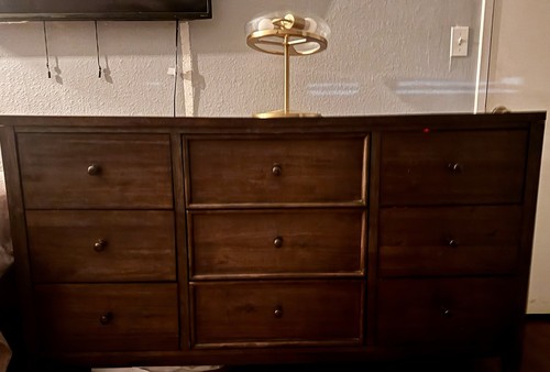 Living Spaces Modern Dark Wood Bedroom Set - Dresser with 9 Drawers & Nightstand