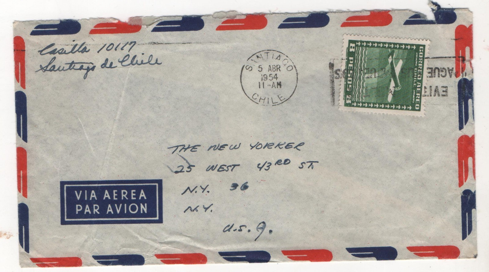 Chile 1954 Air Mail Cover w/ Postage Stamp