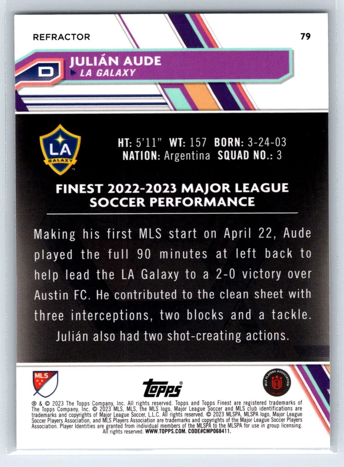 2023 Topps Finest MLS Julian Aude Rookie Refractor Los Angeles Galaxy RC #79 - Image 2 of 2
