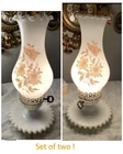Vintage Hobnail Milk Glass Hurricane Lamps W Orange/Pink Flowers,12”H, Set Of 2