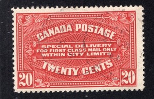 Canada 1922 20c carmine Special Delivery, Scott E2 used, value = $9.00