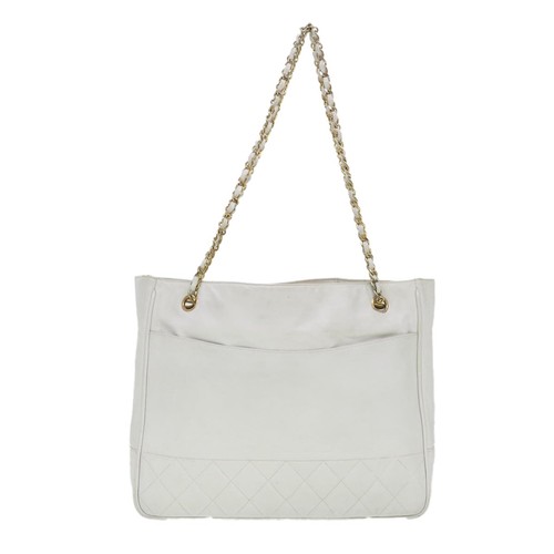 Chanel Vintage Shopping Tote Lambskin White Leather Shoulder Bag