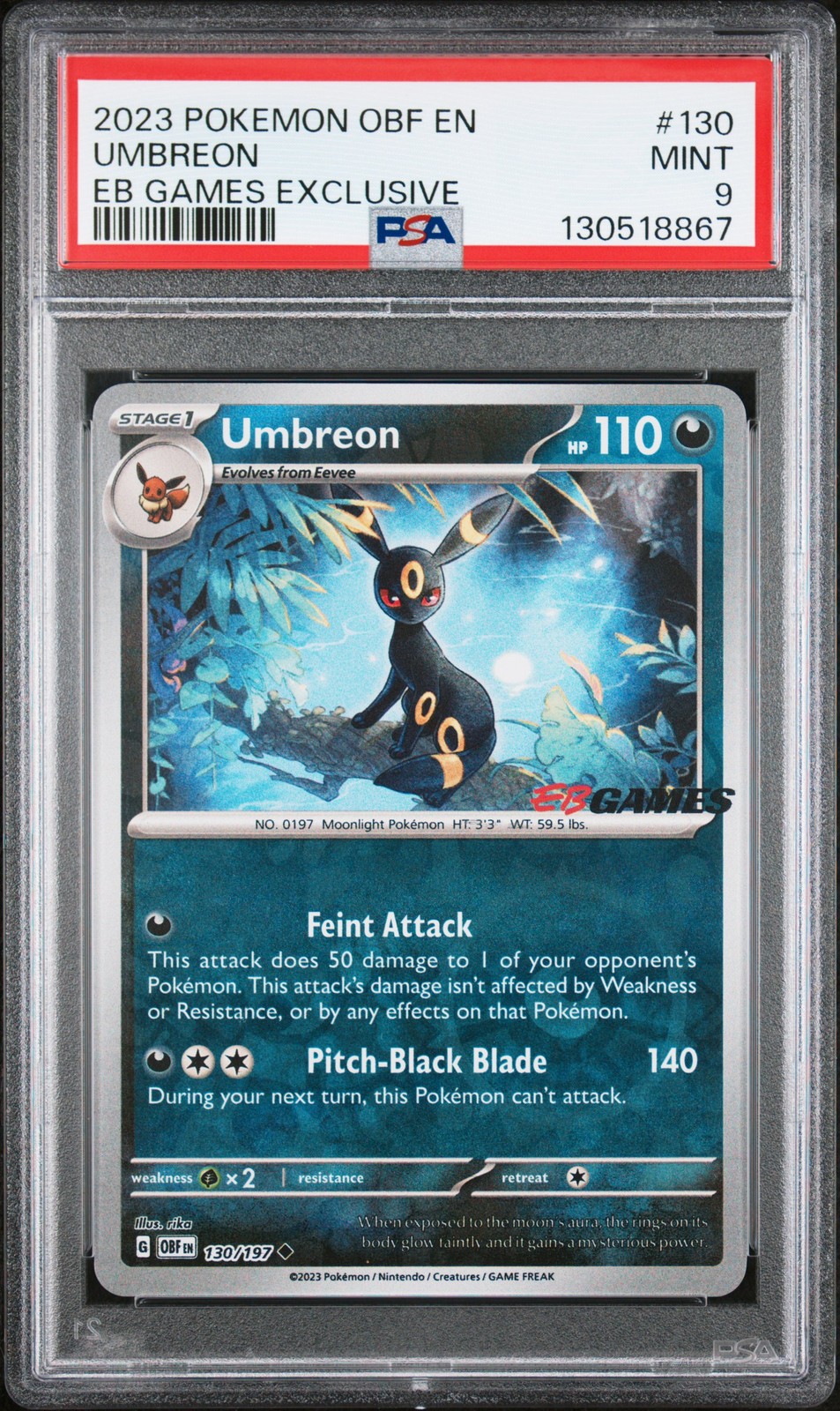 2023 POKEMON OBF EN-OBSIDIAN FLAMES EB GAMES EXCLUSIVE #130 UMBREON PSA 9