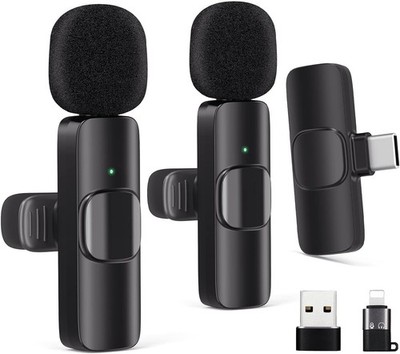 Wireless Lavalier Microphone 2 Mics Kit for iPhone Android Phone Video