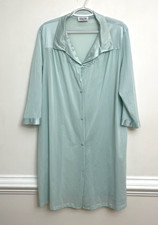 Vintage Vanity Fair House Coat Robe Sz L Teal Blue Button Front 3/4 Sleeve Silky