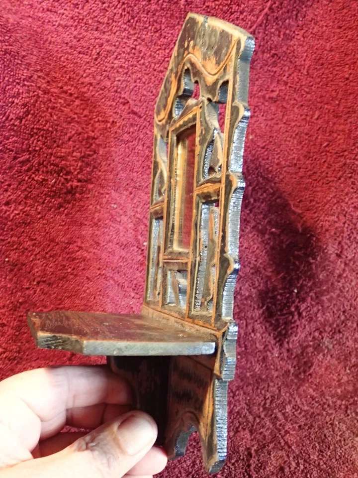 SMALLER ANTIQUE HANDMADE HANGING WOOD SHELF w MIRROR FOLK ART SWEDEN SWEDISH - Image 4 of 4