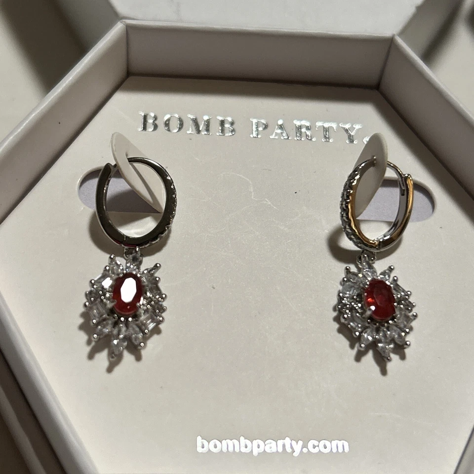 Brincos de festa bomba de 2 anéis fusão natural rubi birmanês e cristal de gelo marinho aquático - Imagem 3 de 4