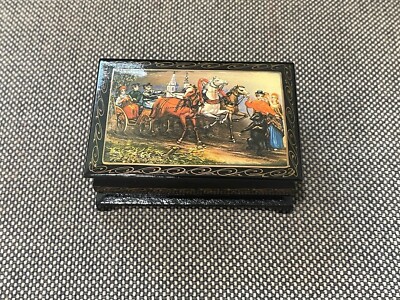 Russian Lacquer Signed Box Troika Sleigh Figures Horses & Bear