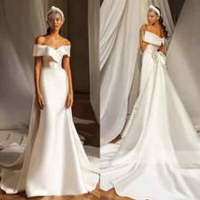 Mermaid Satin Wedding Dresses Boat Neck Detachable Train with Bows Bridal Gowns