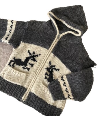 Original Cowichan Pullover Hirsch Grobstrick 100 % Wolle Kapuze Cardigan 38'' Small