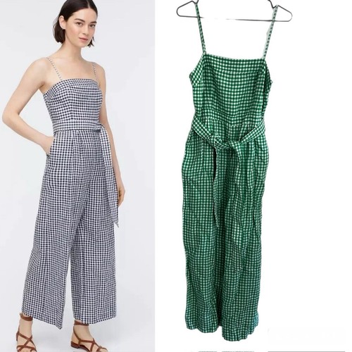 J.Crew Green 100% Linen Gingham Plaid Sleeveless Tie Waist Lightweight Jumpsuit - Picture 2 of 9