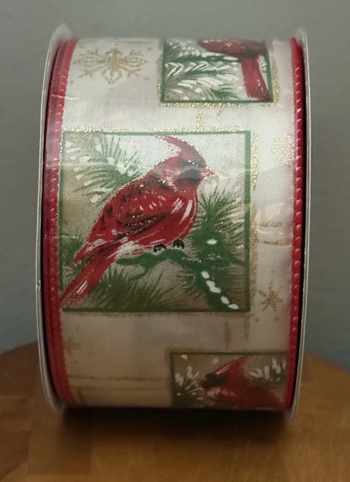 VTG Celebrate It Wired Christmas Ribbon Cardinal On Branch Gold Snowflake Red - Image 3 of 4