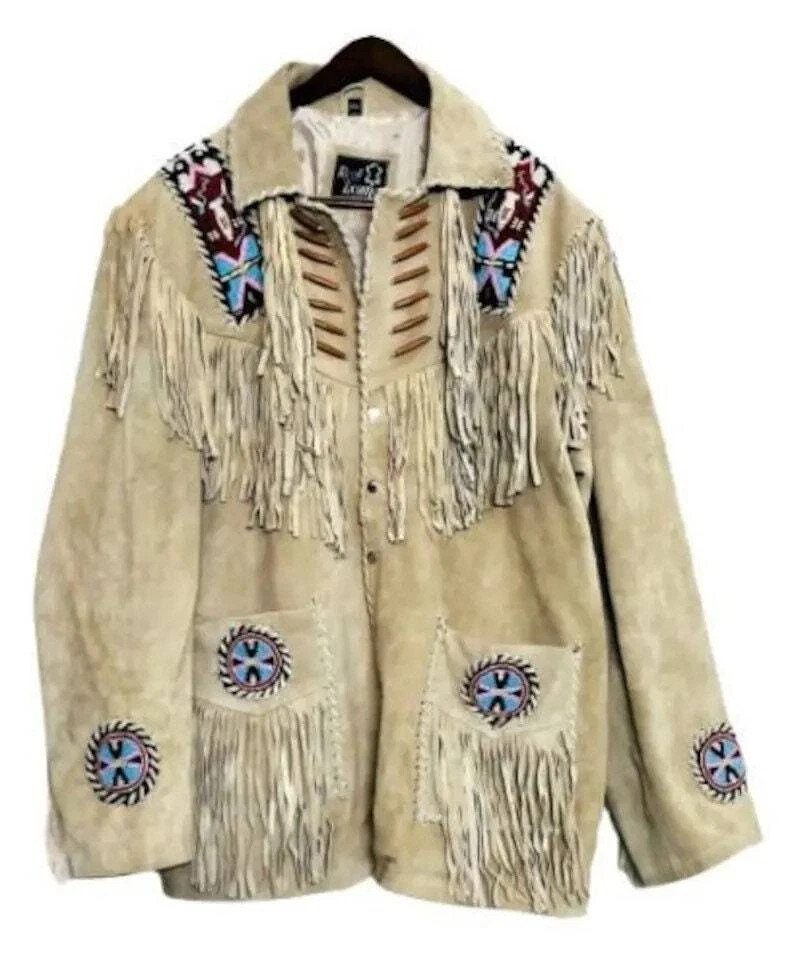 Mens Buckskin Leather Suede Jacket Fringes Deerskin Mountain Man Native American