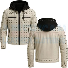 Men’s Cream Studded Leather Jacket with Removable Hood Handmade Punk Rock Moto