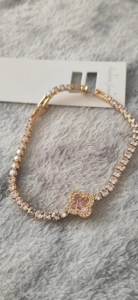 Brazalete Tenis Circonitas Chapado en Oro 18k con Trébol de Cuatro Hojas 16+3cm Ajustable Foto 3 de 4